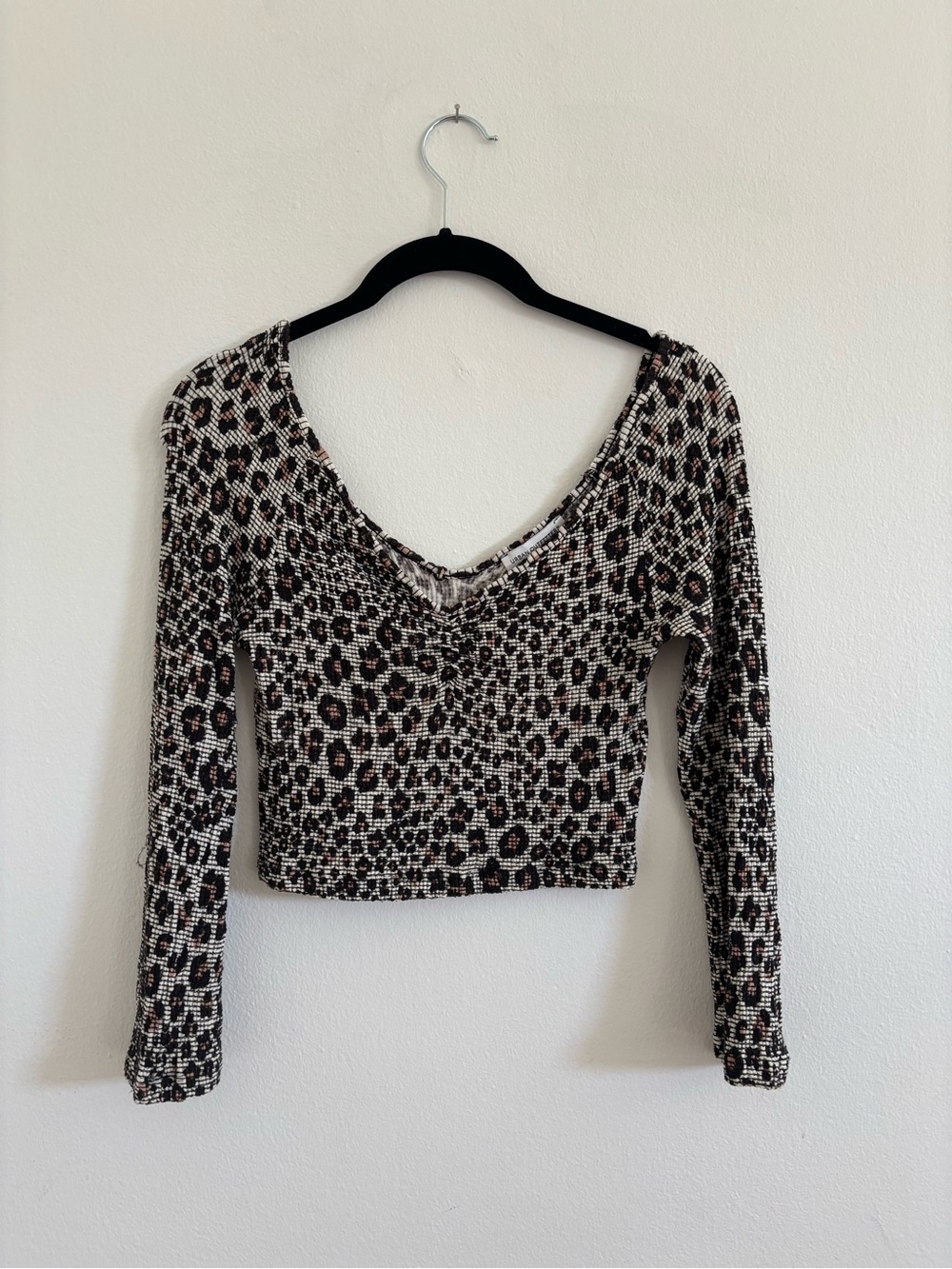 Urban Outfitters Leopard Smocked V-Neck Crop Top - Brown/Black/Cream